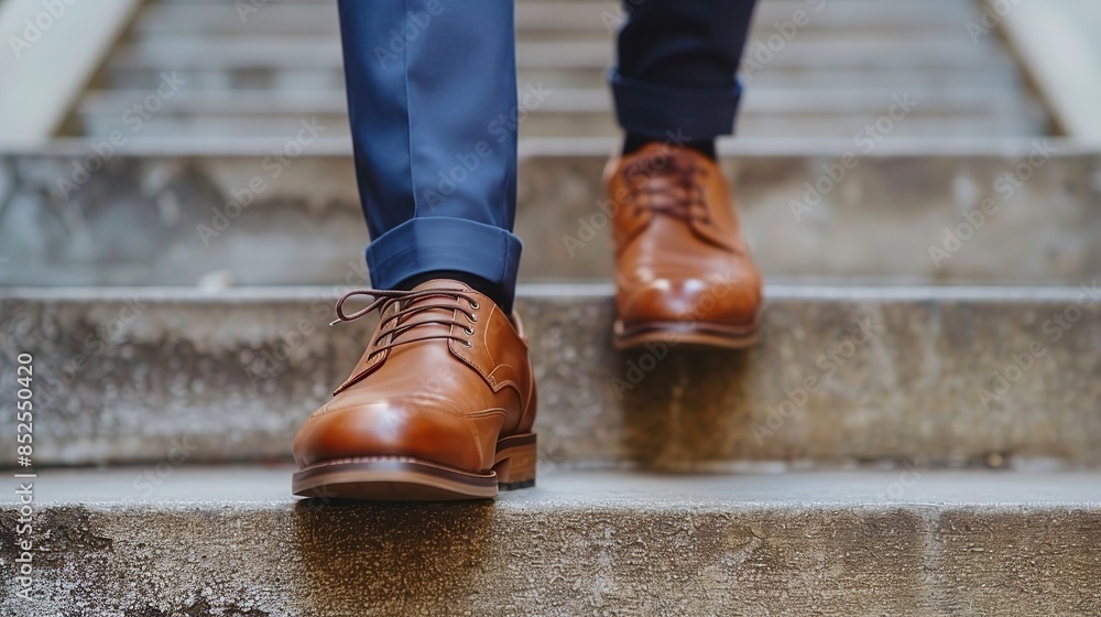 A close-up image of a mans feet walking up a set of concrete stairs in brown leather shoes A close-up image of a mans feet walking up a set of concrete stairs in brown leather shoes