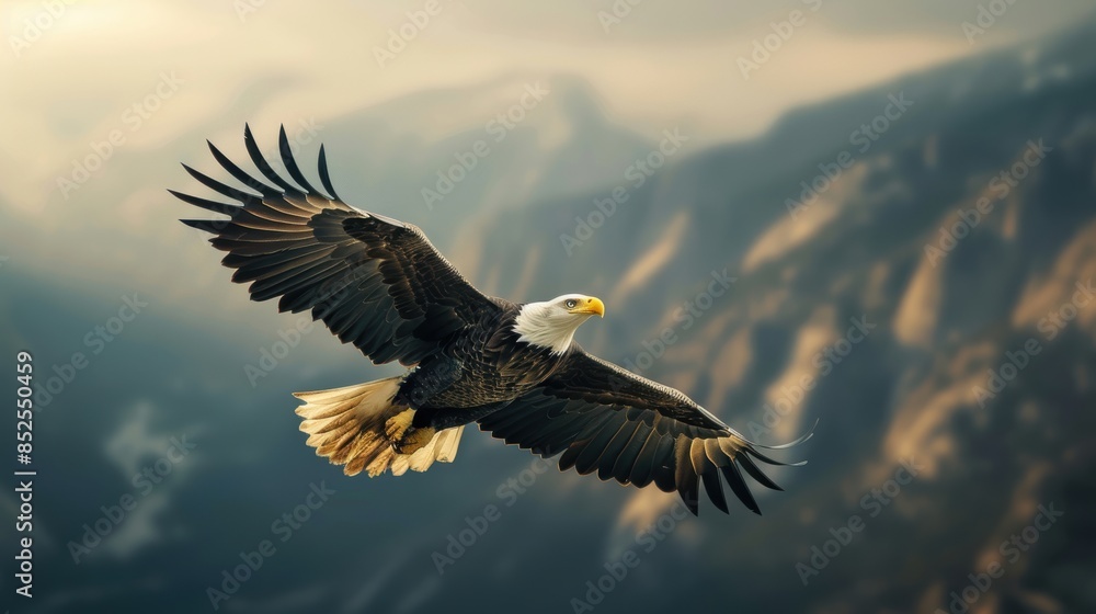 Naklejka premium Majestic bald eagle soaring over a mountainous landscape during sunset, showcasing the beauty of nature and the freedom of wildlife.