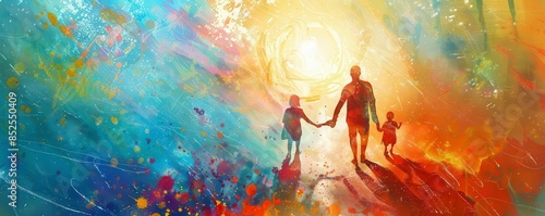 A colorful, artistic depiction of an adult and two children holding hands, walking towards a bright light The image is abstract with vibrant splashes of color, symbolizing unity and joy in a dreamlike