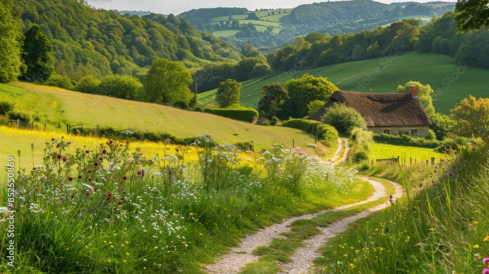 Obraz premium Rural Cottage and Winding Path in a Green Valley