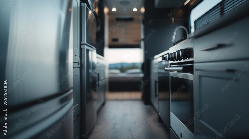 Modern RV kitchen with stainless steel appliances and sleek design, perfect for comfortable and stylish cooking while traveling. Modern RV kitchen with stainless steel appliances and sleek design, perfect for comfortable and stylish cooking while traveling.