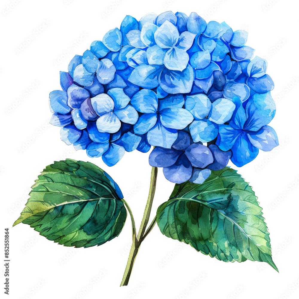 Vibrant blue hydrangea with delicate green leaf, simple watercolor illustration isolated on a white background Vibrant blue hydrangea with delicate green leaf, simple watercolor illustration isolated on a white background