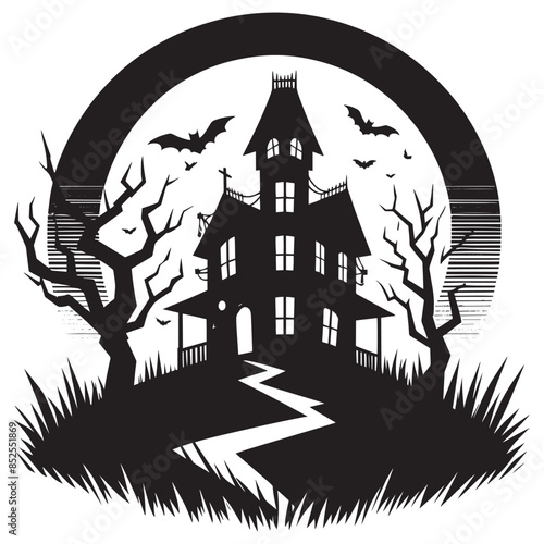 Haunted scary house silhouette on white background photo