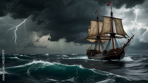 An old sailing ship navigating a stormy sea, with storm clouds and lightning in the background.