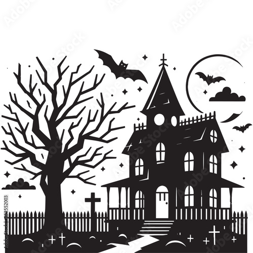 Haunted scary house silhouette on white background photo