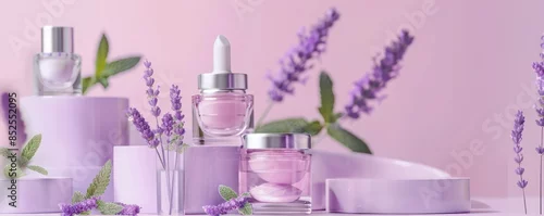 Obraz Serene Pastel Cosmetic Collection with Peppermint Leaves and Lavender Flowers for Refreshing Brand Image