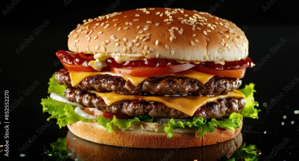 Delicious double cheeseburger with sesame seed bun Delicious double cheeseburger with sesame seed bun