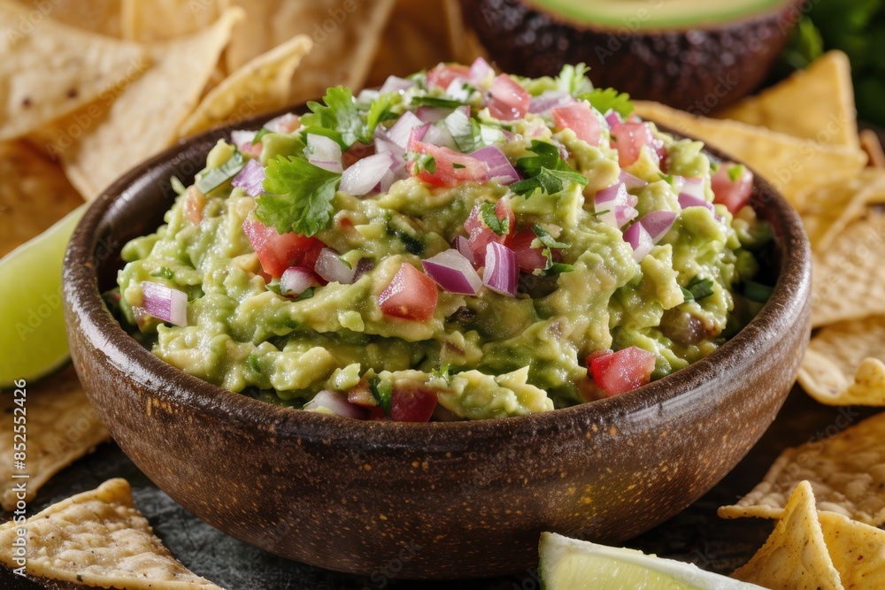 Homemade guacamole in a wooden bowl with tortilla chips Homemade guacamole in a wooden bowl with tortilla chips