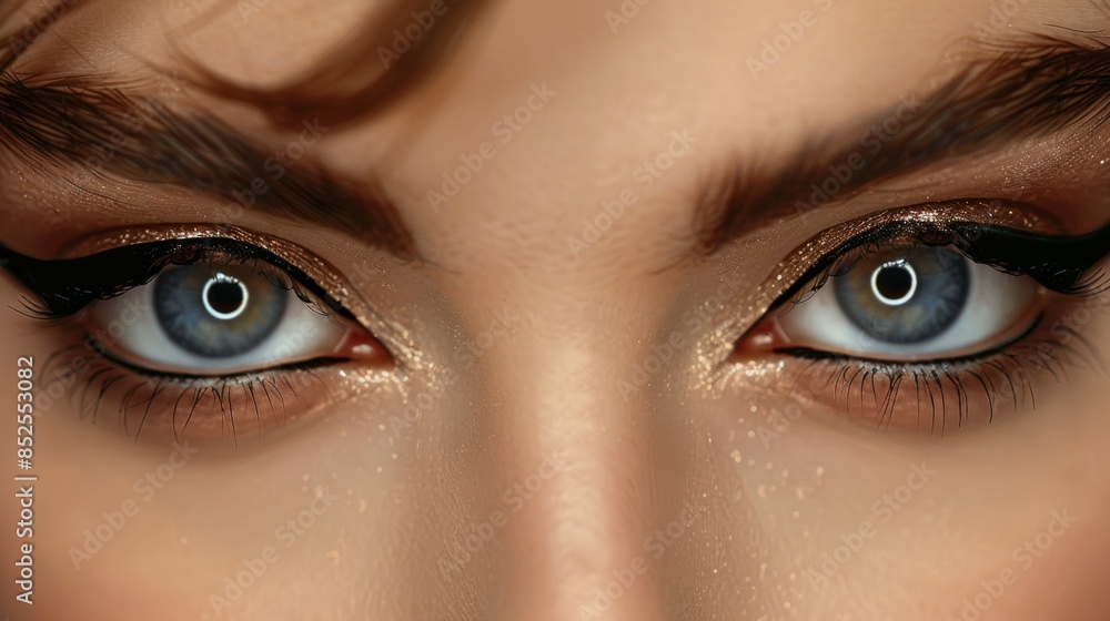 Beauty Model Close-up: A close-up of a models eyes with a classic cat-eye eyeliner look. Sleek and perfect eyeliner with a neutral eyeshadow for contrast. Fashion, beauty, cosmetics.