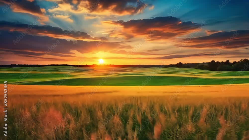 Field of grass and sunset. Summer landscape field of colorful grass and sunset Field of grass and sunset. Summer landscape field of colorful grass and sunset