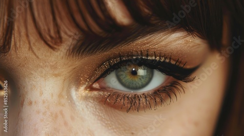 Beauty Model Close-up: A close-up of a models eyes with a classic cat-eye eyeliner look. Sleek and perfect eyeliner with a neutral eyeshadow for contrast. Fashion, beauty, cosmetics.