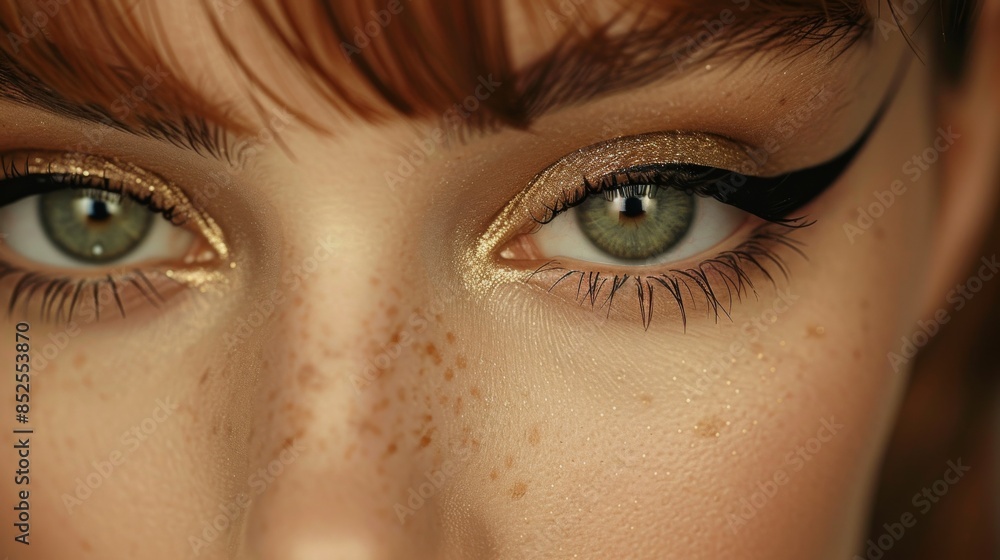 Obraz premium Beauty Model Close-up: A close-up of a models eyes with a classic cat-eye eyeliner look. Sleek and perfect eyeliner with a neutral eyeshadow for contrast. Fashion, beauty, cosmetics.
