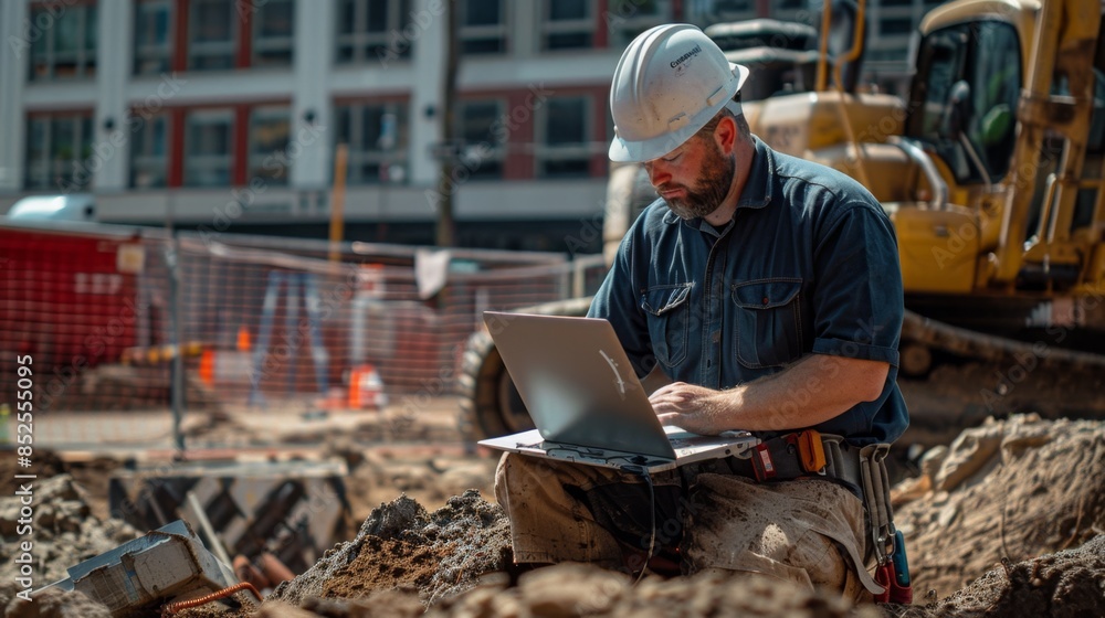 The construction worker using laptop The construction worker using laptop