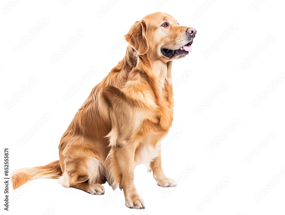 Full body shot of Golden Retriever dog, sitting, looking around curiously. Full body shot of Golden Retriever dog, sitting, looking around curiously.