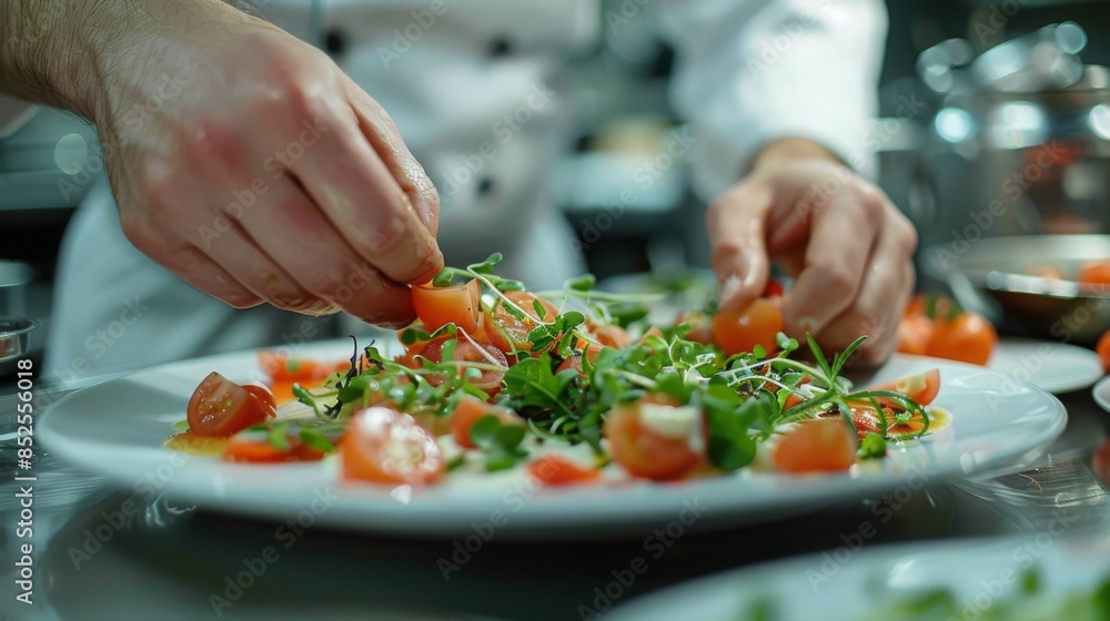 The photo shows a chef carefully plating a salad with tweezers The photo shows a chef carefully plating a salad with tweezers