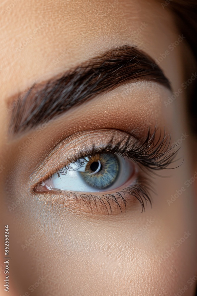 Obraz premium Perfect Eyebrows and lashes: A close-up shot of a model's eyebrows, groomed and filled to perfection. Fashion, beauty, cosmetics.