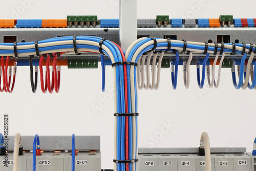 Connection of modules in an electrical distribution cabinet with electrically insulated wires connected with plastic ties. photo