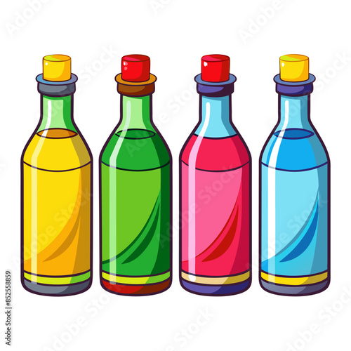 Four bottles of colored liquids on white background