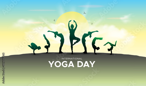 International yoga day celebration background. Womens silhouette of physical exercise and body fitness activity.