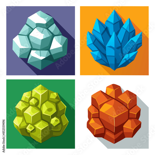 A collection of four various rock varieties on a white surface