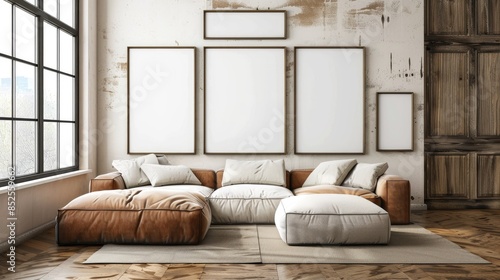 Modern room with sofa ottoman and empty frames on wall photo