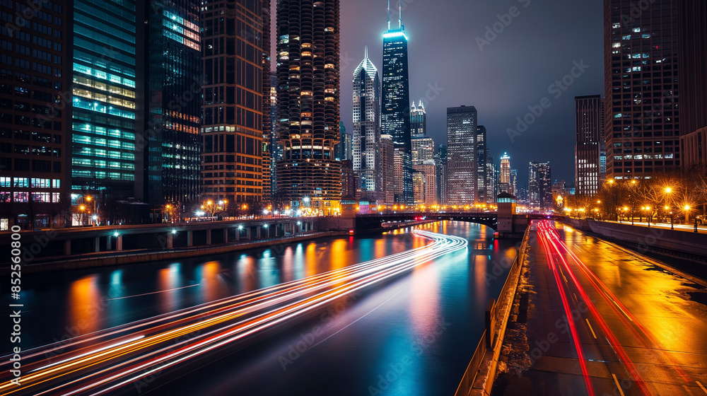 nighttime cityscape with illuminated skyscrapers reflecting in a tranquil river, while streaks of headlights and taillights trace the movement of bustling traffic along waterfront boulevards. nighttime cityscape with illuminated skyscrapers reflecting in a tranquil river, while streaks of headlights and taillights trace the movement of bustling traffic along waterfront boulevards.