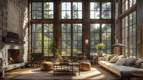  cozy living room bathed in warm sunlight streaming through large windows