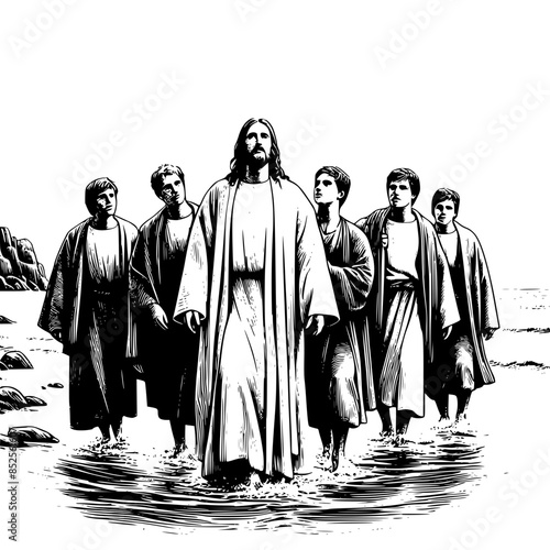 Jesus Christ leading his followers , black and white vector drawing