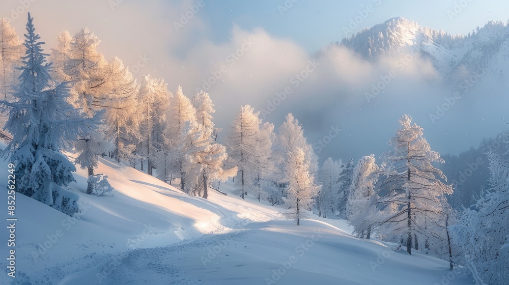 Fototapeta premium A snowy mountain landscape with a path through a forest of snow-covered trees. Sunlight illuminates the scene, creating a magical winter wonderland.
