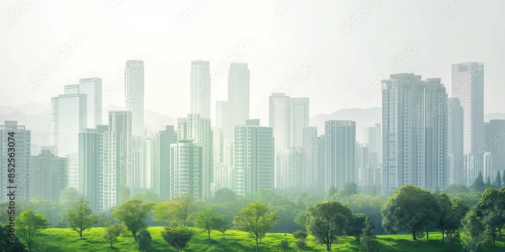 A city skyline obscured by haze, blending urban architecture with atmospheric environmental issues A city skyline obscured by haze, blending urban architecture with atmospheric environmental issues