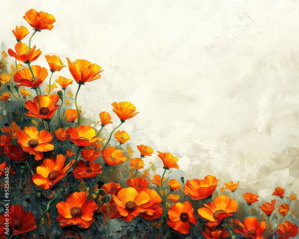 Vibrant field of orange poppies in full bloom against a light background, abstract art perfect for spring and summer decor. Vibrant field of orange poppies in full bloom against a light background, abstract art perfect for spring and summer decor.