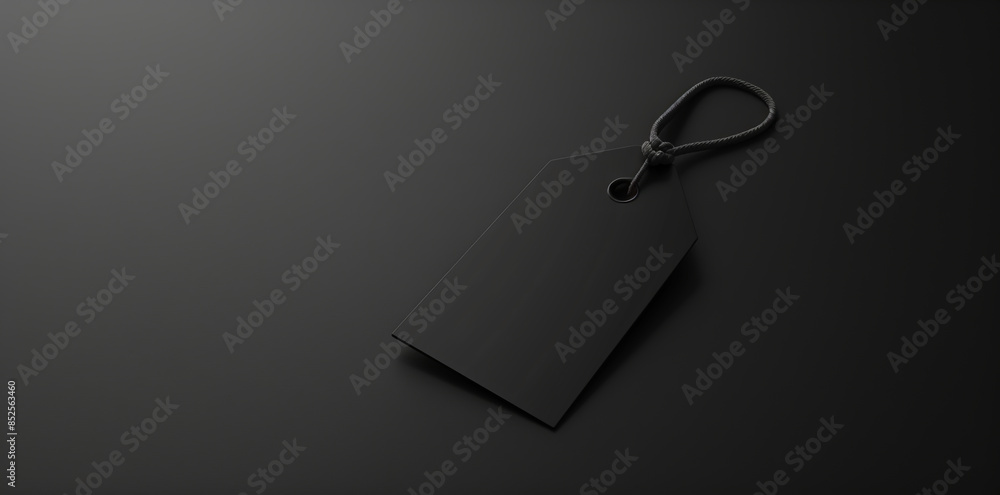 Fototapeta premium Black blank tag mockup on black, fashion brand template. 3D rendering