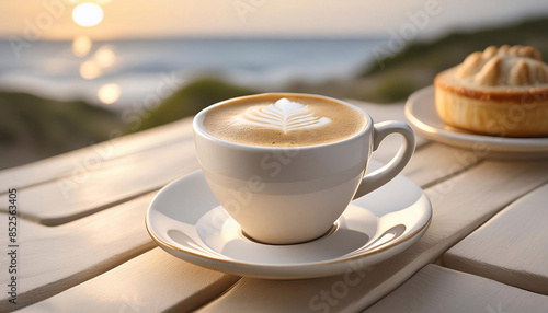 morning cup of coffee with foam on a wooden surface against the background of dawn