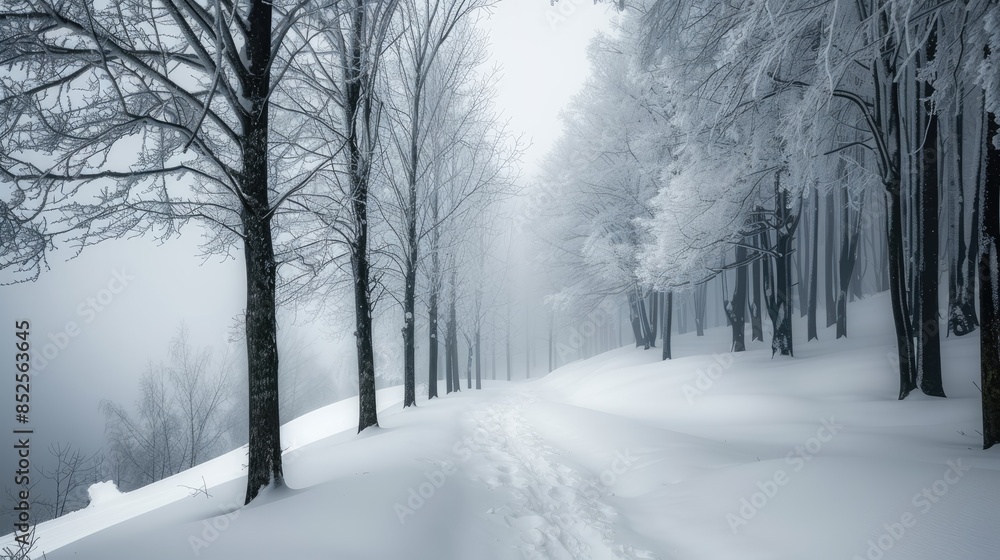 Obraz premium A snowy path winds through a frosted forest, sunlight peeking through the branches.
