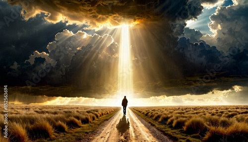 A lone figure walks along a dirt path towards a dramatic sky filled with dark clouds and rays of sunlight breaking through, creating a powerful and emotional scene.. AI Generation photo