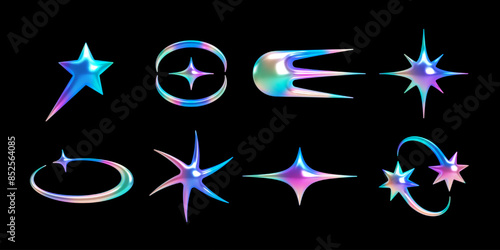 Set of 3d holographic abstract shapes in y2k aesthetic. Vector isolated symbols – star, spark, galaxy, comet with rainbow shiny chrome surface for retrofuturism, cosmic cyberpunk, sci-fi designs