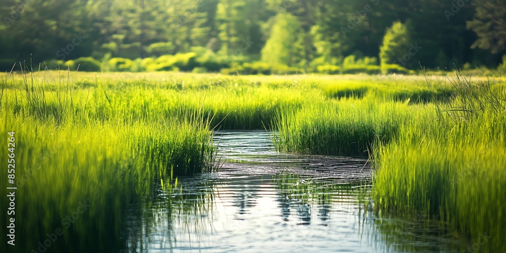 Obraz premium A serene stream winds through a vibrant meadow with lush green grass, symbolizing peace and rejuvenation