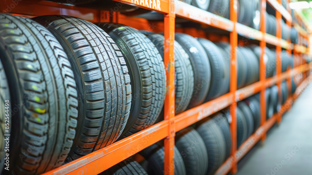 Many tires are being efficiently stored in the warehouse, neatly arranged on shelves Many tires are being efficiently stored in the warehouse, neatly arranged on shelves