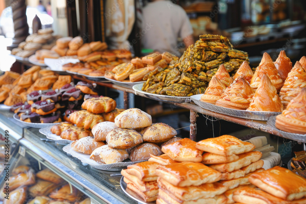 At the bakery, a diverse array of pastries is on display for customers to choose from At the bakery, a diverse array of pastries is on display for customers to choose from