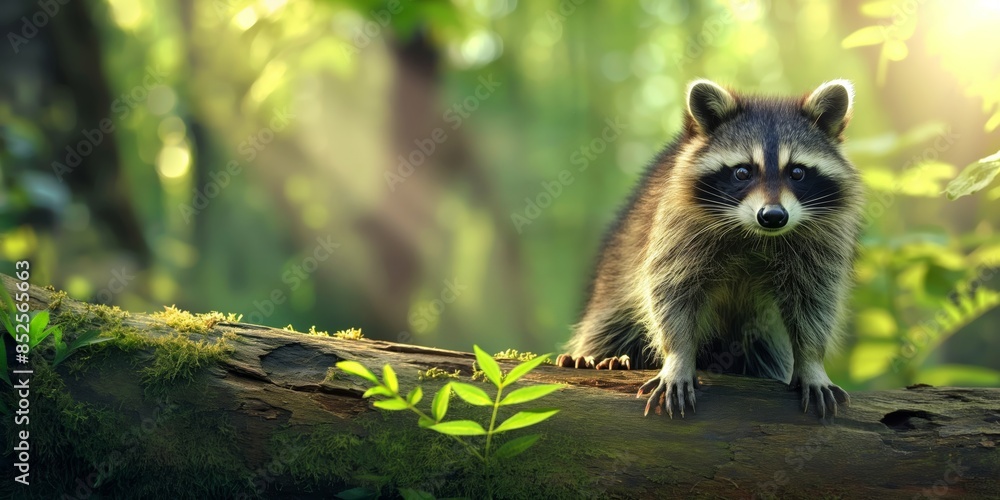 An enchanting photo of a raccoon on a forest log with light rays filtering through the foliage An enchanting photo of a raccoon on a forest log with light rays filtering through the foliage