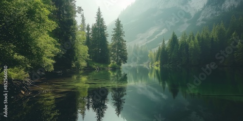 Calm waters of a mountain lake reflecting the surrounding forest and soft light filtering through the haze