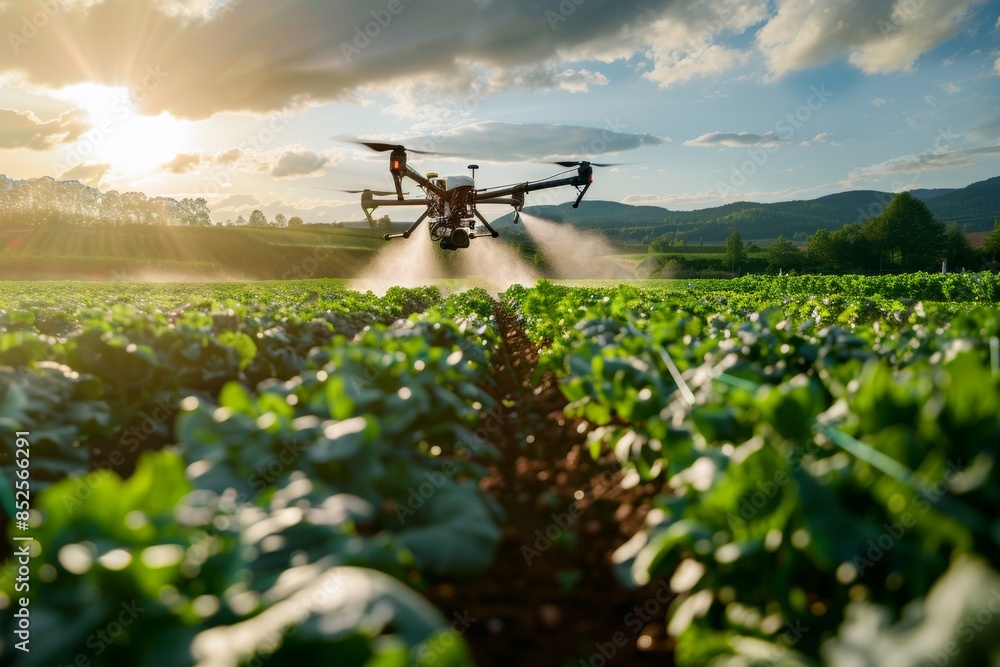 Drone spraying eco-friendly pesticides on an organic vegetable farm, maintaining pest control while adhering to organic farming principles. Drone spraying eco-friendly pesticides on an organic vegetable farm, maintaining pest control while adhering to organic farming principles.