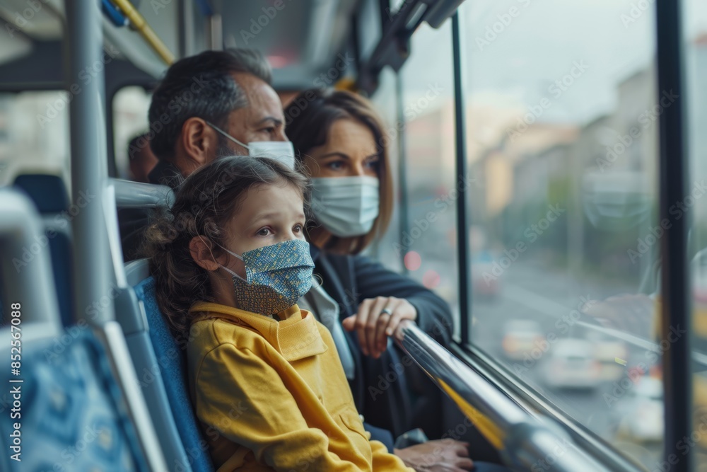 Obraz premium Family using public transportation instead of cars to reduce air pollution and promote sustainable lifestyle choices.