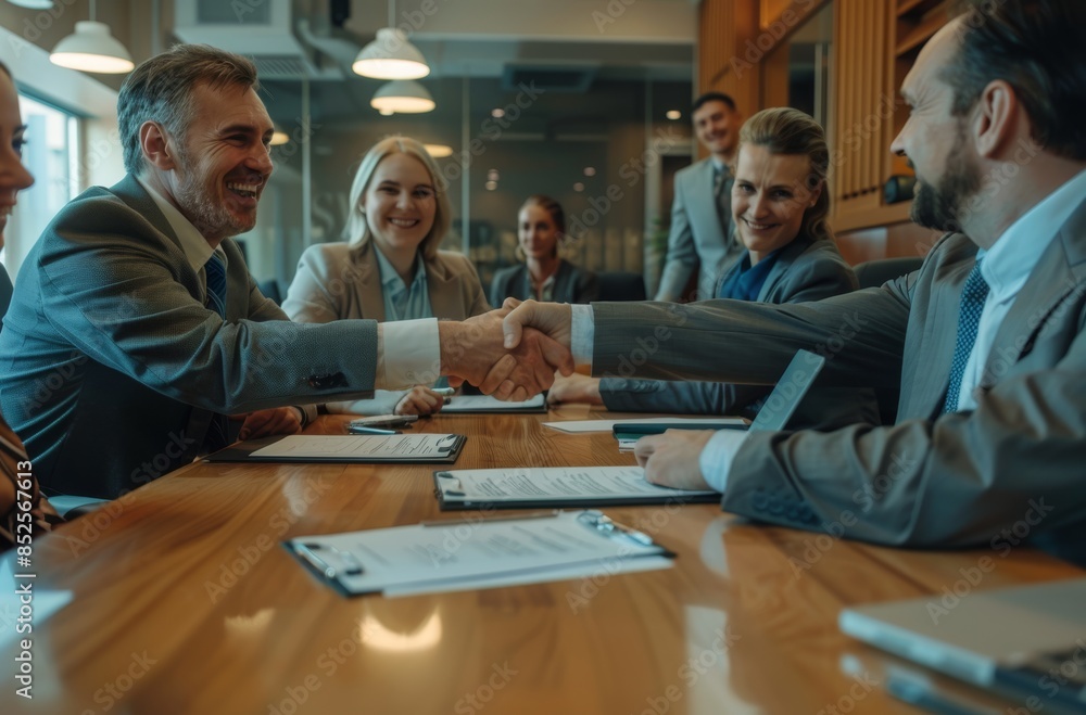 A group of two people in suits at the table shaking hands with an executive A group of two people in suits at the table shaking hands with an executive