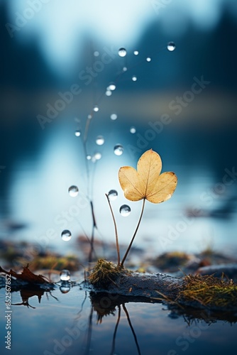 a single leaf floating in water with drops of water