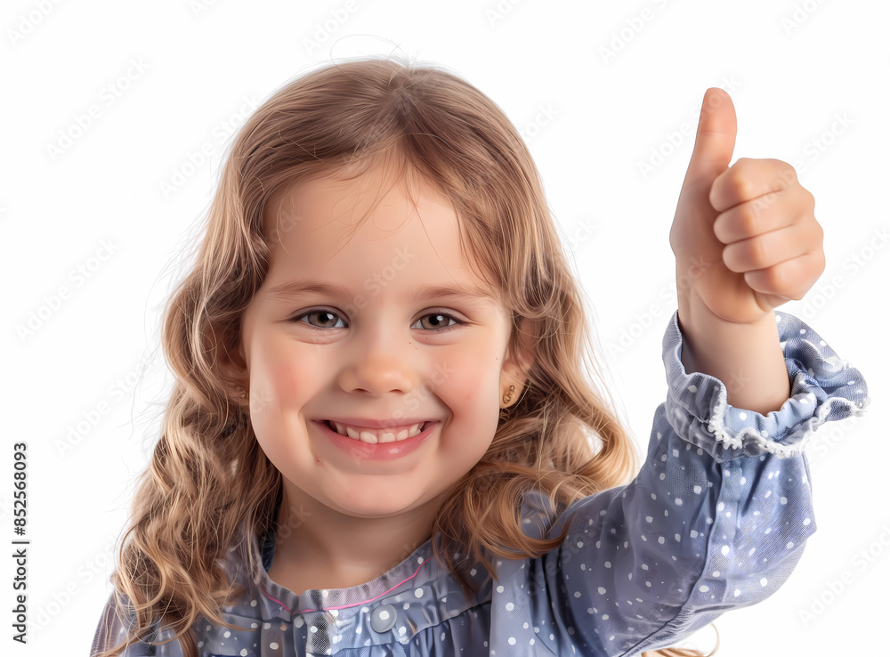 A cute little girl is smiling and showing thumbs up against white background. Photoshoot for advertising children products, back to school, children clothing, and many more A cute little girl is smiling and showing thumbs up against white background. Photoshoot for advertising children products, back to school, children clothing, and many more
