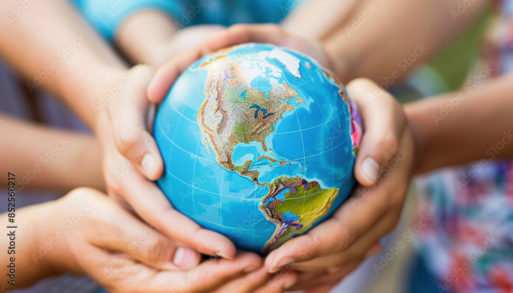 A diverse group of people is working together to support a globe in their hands A diverse group of people is working together to support a globe in their hands