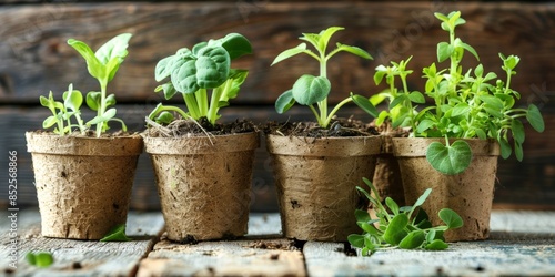 A variety of biodegradable plant pots with small green plants, set on a rustic wooden table, representing eco-friendly gardening products and sustainable living Copy space