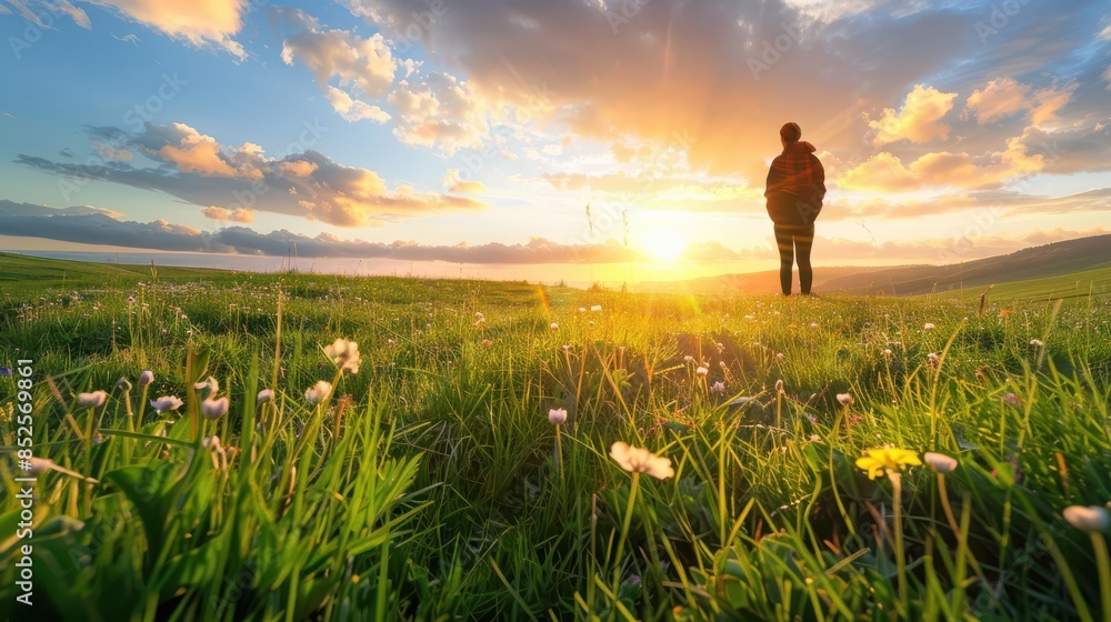 Fototapeta premium A person standing in a field of flowers, looking out at the sunset
