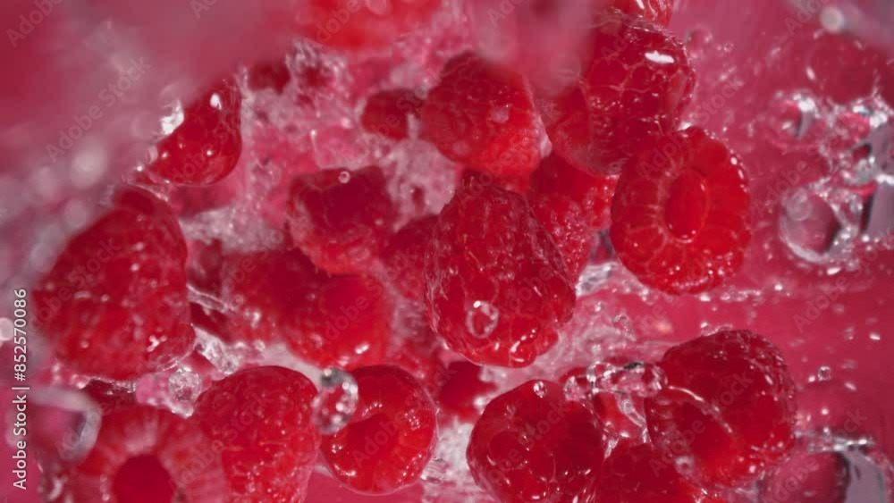 Super Slow Motion Shot of Raspberries Followed by Camera Splashing into Water at 1000 fps. Super Slow Motion Shot of Raspberries Followed by Camera Splashing into Water at 1000 fps.